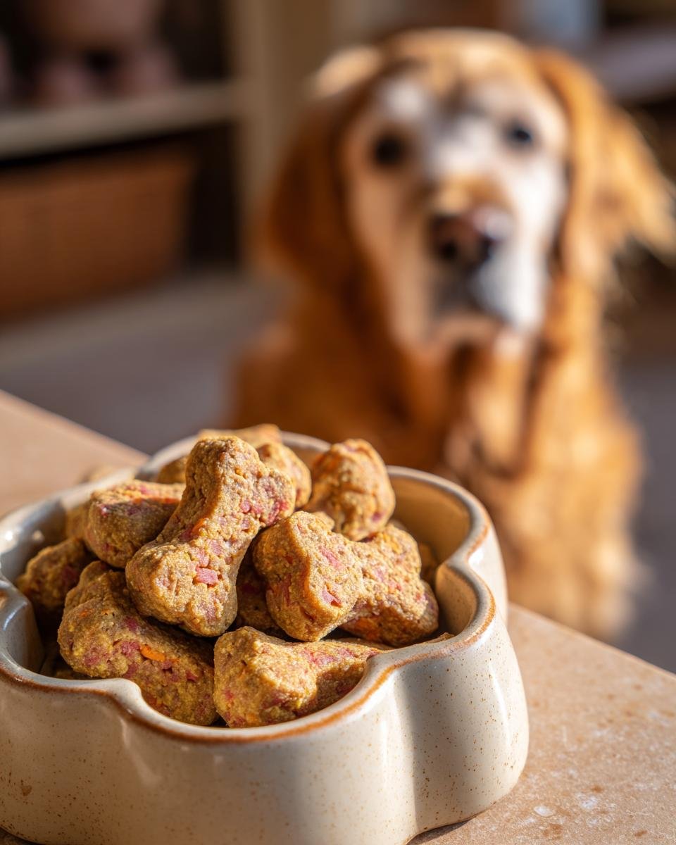 A bowl filled with Homemade Salmon and Pumpkin Healthy Coat Kibbles, with a golden retriever waiting in the background.