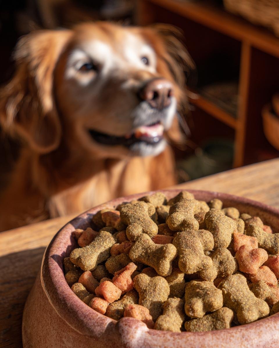Close-up of a bowl filled with Homemade Salmon and Pumpkin Healthy Coat Kibbles, with a happy Golden Retriever in the blurred background.