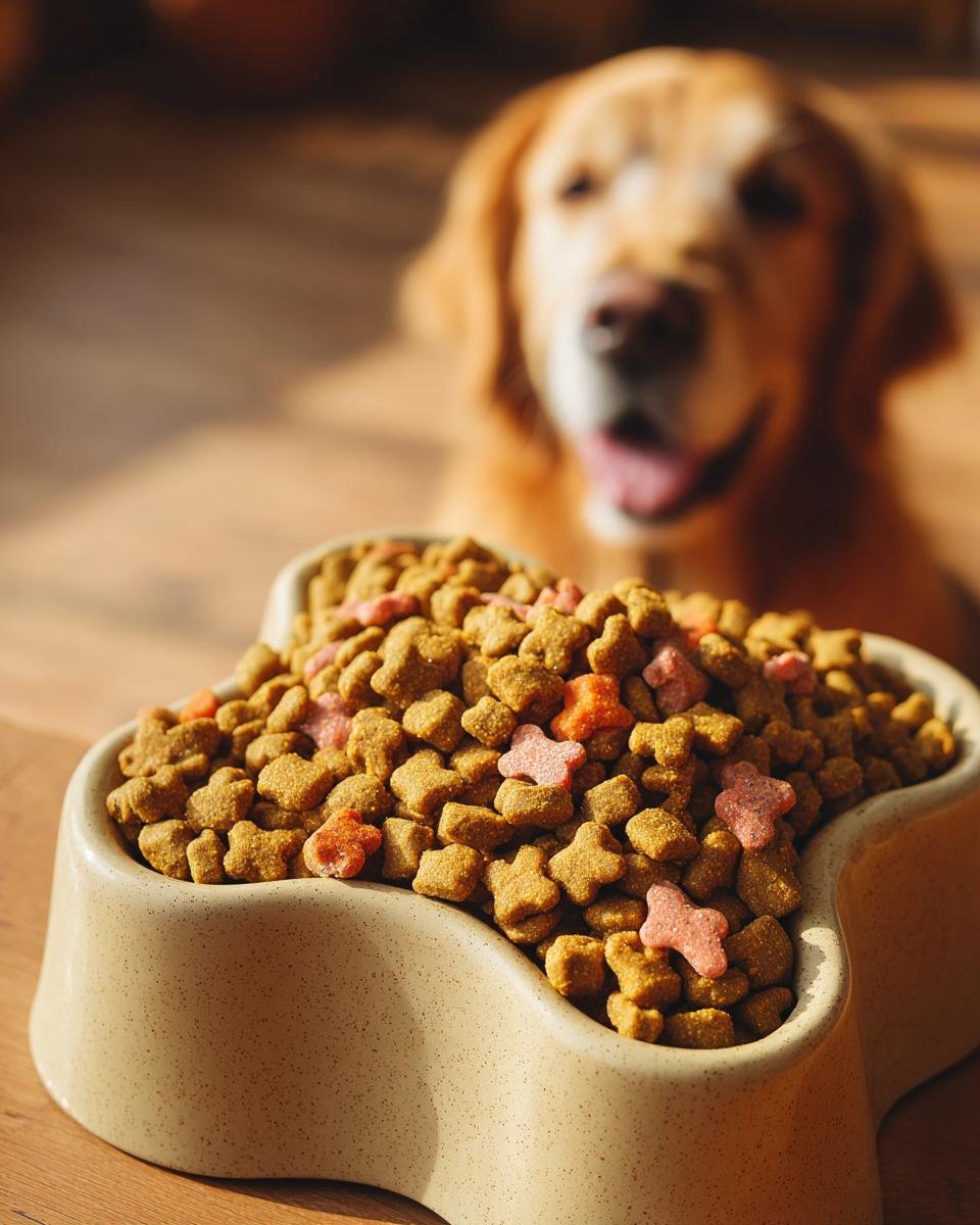 Close-up of a bone-shaped bowl filled with Homemade Salmon and Pumpkin Healthy Coat Kibbles, with a happy Golden Retriever in the background.