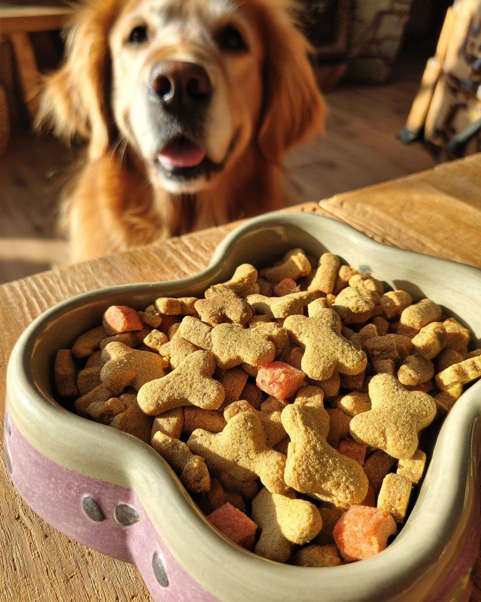 A bowl filled with Homemade Salmon and Pumpkin Healthy Coat Kibbles, with a happy Golden Retriever looking on in the background.