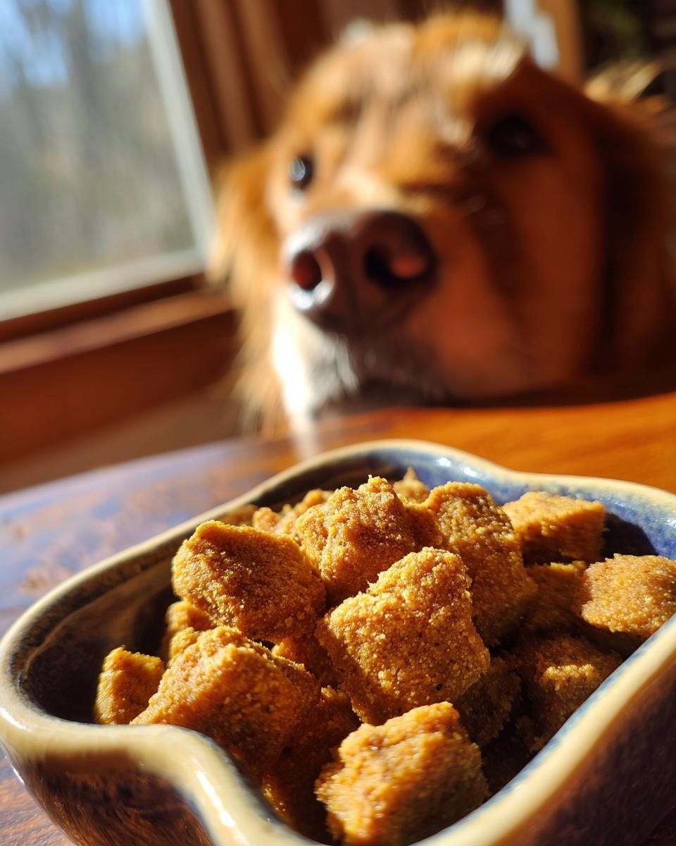 Close-up of Homemade Turkey and Broccoli Wellness Kibble Mix in a bowl with a hopeful dog watching in the background.