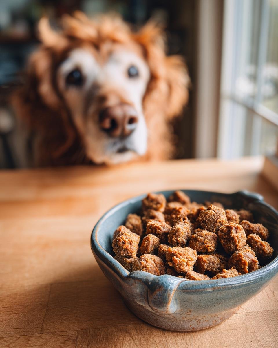 A bowl of Homemade Turkey and Carrot Dry Bake Protein Kibble sits on a wooden counter while a dog looks on eagerly in the background.