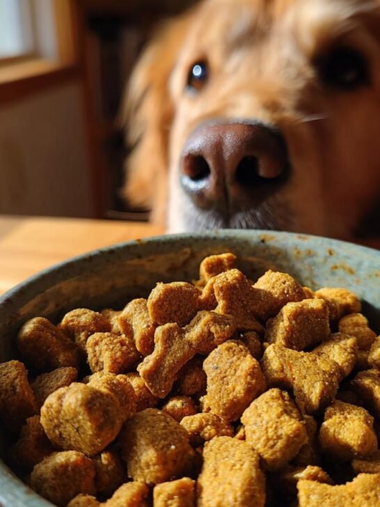 A bowl filled with Homemade Turkey and Carrot Dry Bake Protein Kibble, with a curious Golden Retriever looking over the rim.