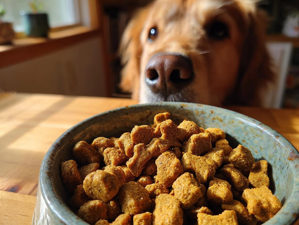 A bowl filled with Homemade Turkey and Carrot Dry Bake Protein Kibble, with a curious Golden Retriever looking over the rim.