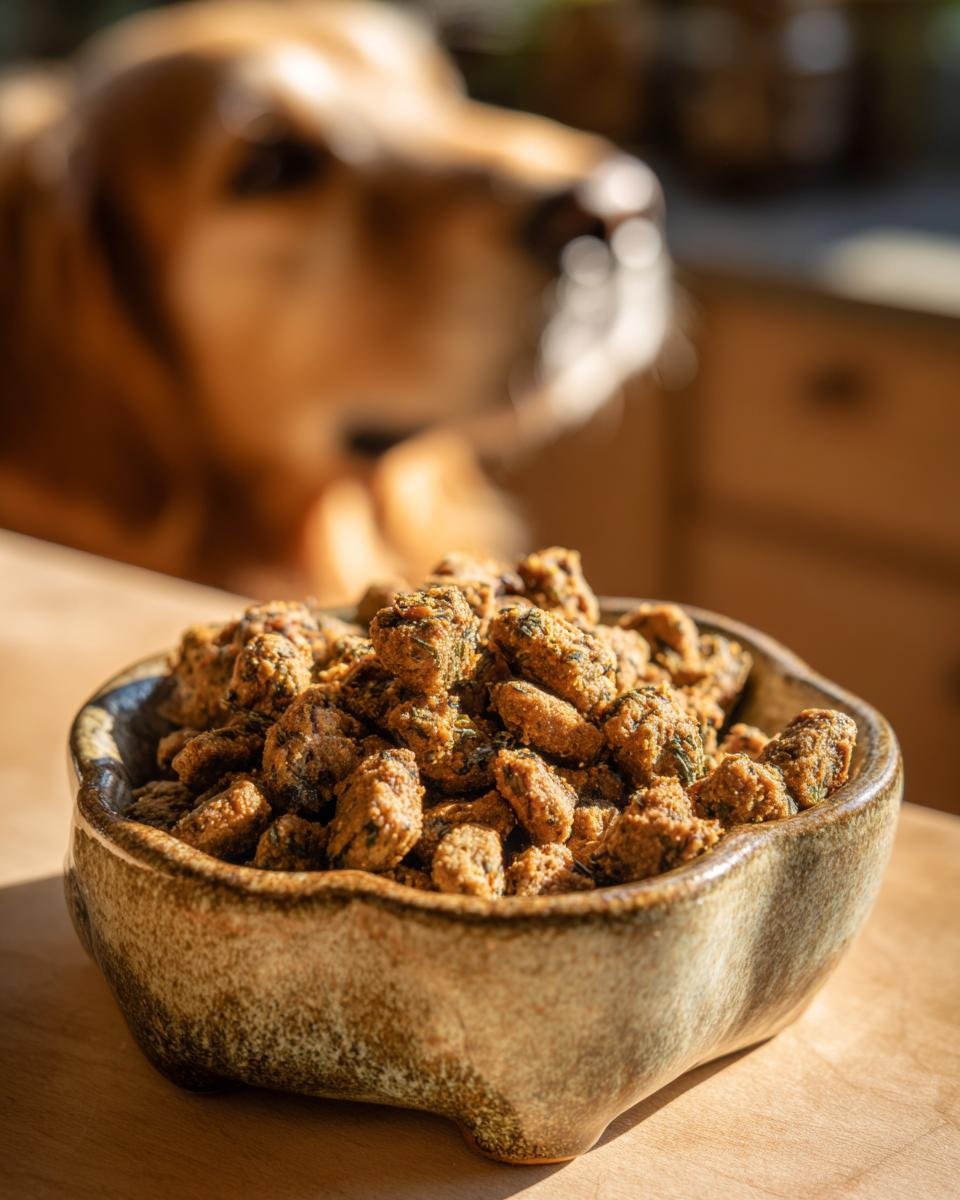 A close-up of a rustic bowl filled with Homemade Turkey and Kale Clean Energy Kibble Mix, with a dog looking on in the background.