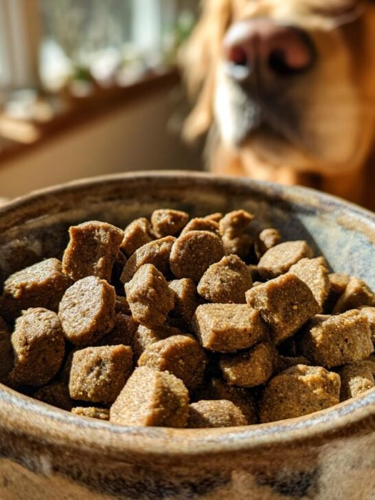 Close-up of Homemade Turkey and Kale Clean Energy Kibble Mix in a ceramic bowl, with a dog waiting in the background.