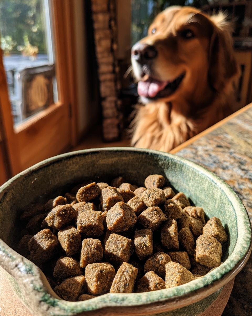 Close-up of a green bowl filled with Homemade Turkey and Millet Hypoallergenic Kibbles, with a happy Golden Retriever in the background.