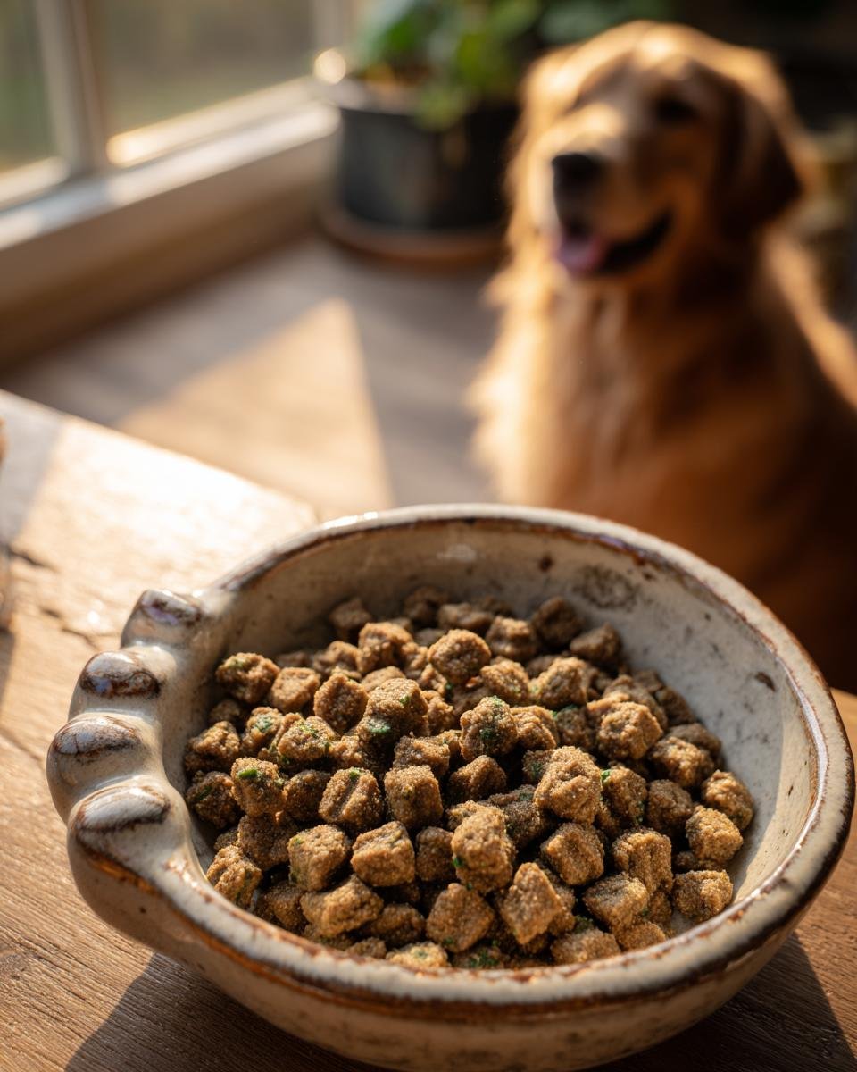 Close-up of a rustic bowl filled with Homemade Turkey and Millet Hypoallergenic Kibbles, with a happy Golden Retriever in the background.
