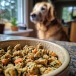 Close-up of Homemade Turkey and Oatmeal Daily Nutrition Kibble in a bowl, with a golden retriever waiting in the background.