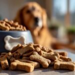 A pile of Homemade Turkey and Pumpkin Soft Crunch Kibbles shaped like bones next to a dog bowl, with a dog in the background.