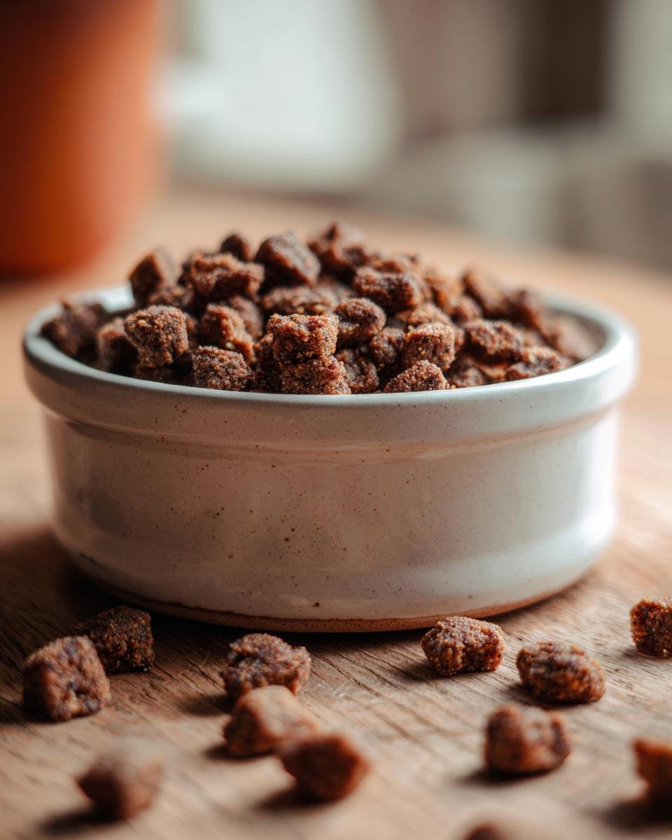 A close-up of homemade turkey and zucchini low fat kibble mix pieces in a speckled white bowl on a wooden surface.