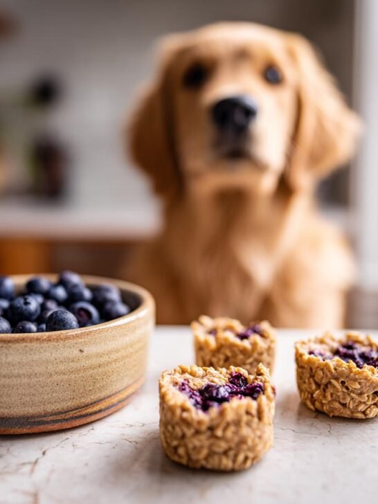 Three Homemade Turkey and Blueberry Antioxidant Kibbles next to a bowl of blueberries, with a Golden Retriever waiting in the background.