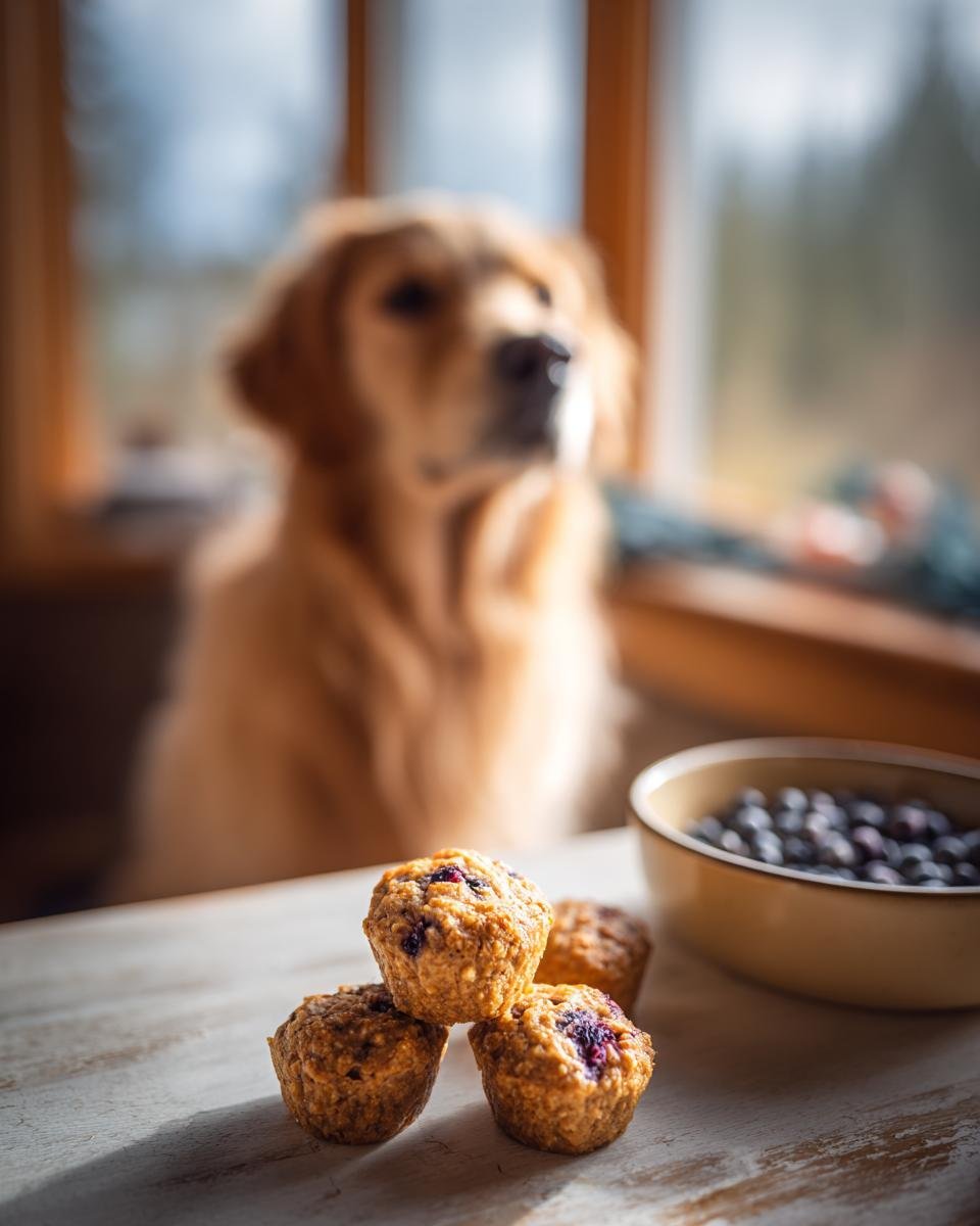 Small baked treats, resembling muffins with blueberries, sit on a table while a golden retriever waits patiently in the background. These represent Homemade Turkey and Blueberry Antioxidant Kibbles.