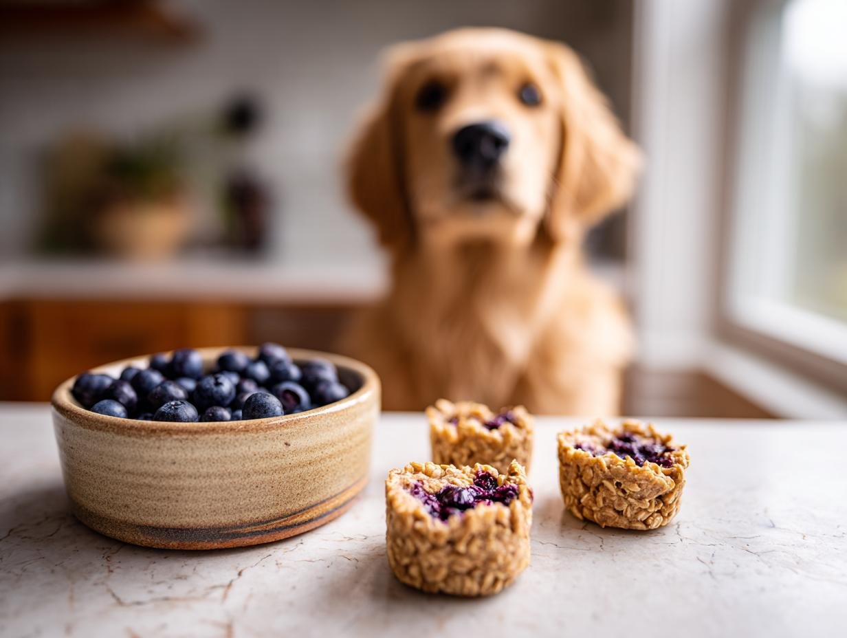 Three Homemade Turkey and Blueberry Antioxidant Kibbles next to a bowl of blueberries, with a Golden Retriever waiting in the background.