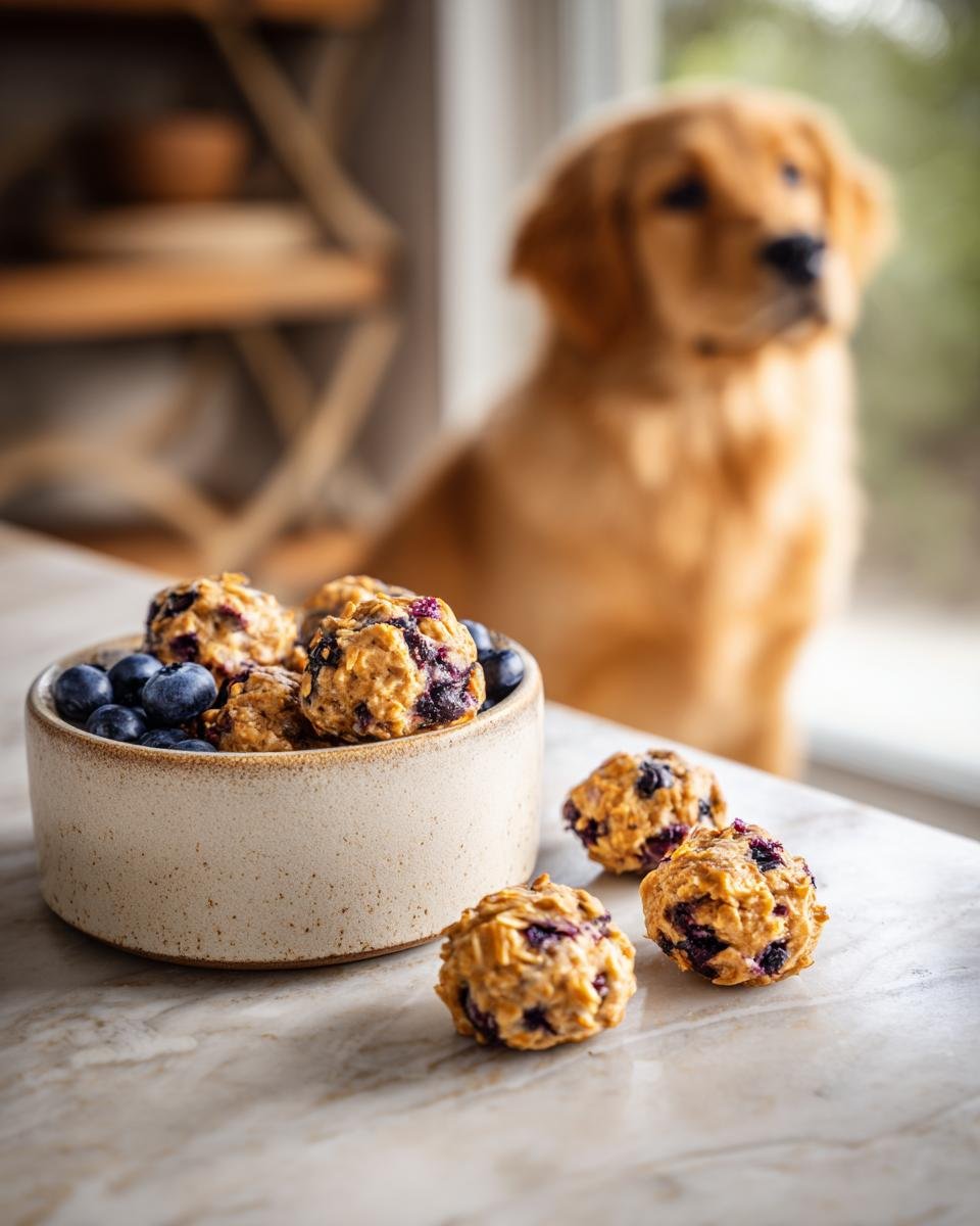 Close-up of Homemade Turkey and Blueberry Antioxidant Kibbles next to fresh blueberries, with a golden retriever blurred in the background.