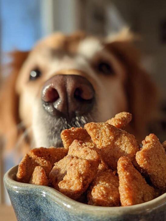 A bowl filled with Homemade Turkey and Broccoli Wellness Kibble Mix, with a golden retriever eagerly sniffing it in the background.