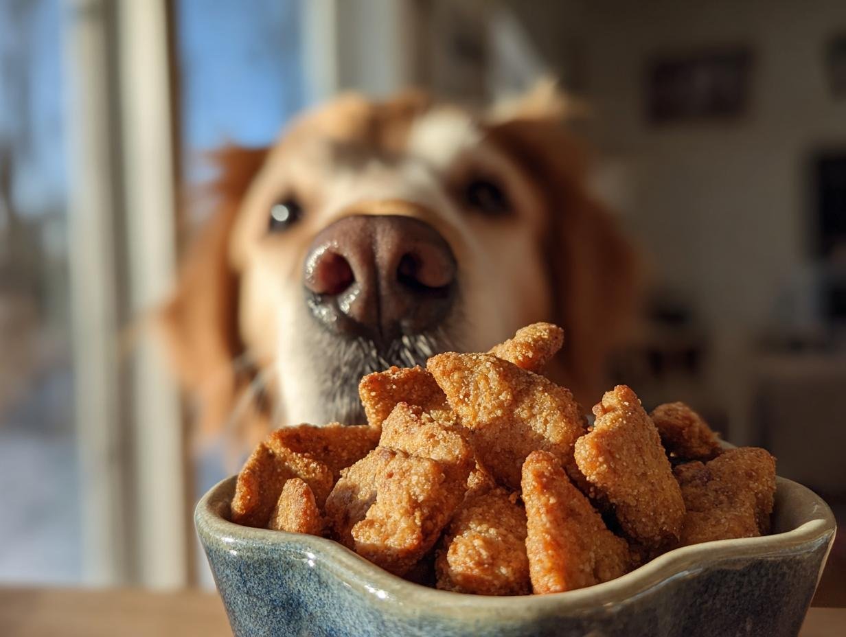 A bowl filled with Homemade Turkey and Broccoli Wellness Kibble Mix, with a golden retriever eagerly sniffing it in the background.