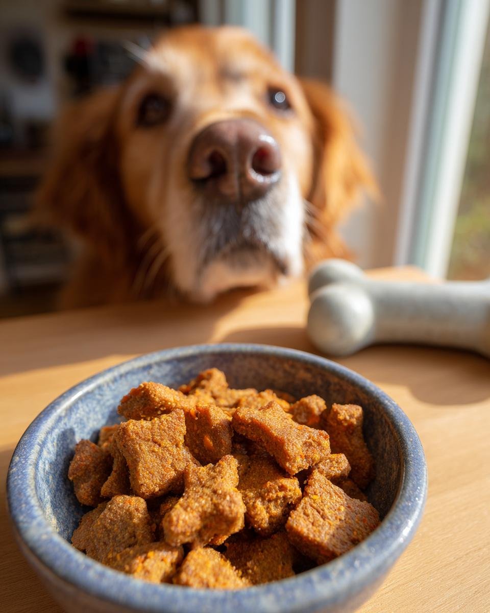 A bowl of Homemade Turkey and Carrot Dry Bake Protein Kibble with a golden retriever looking eagerly in the background.