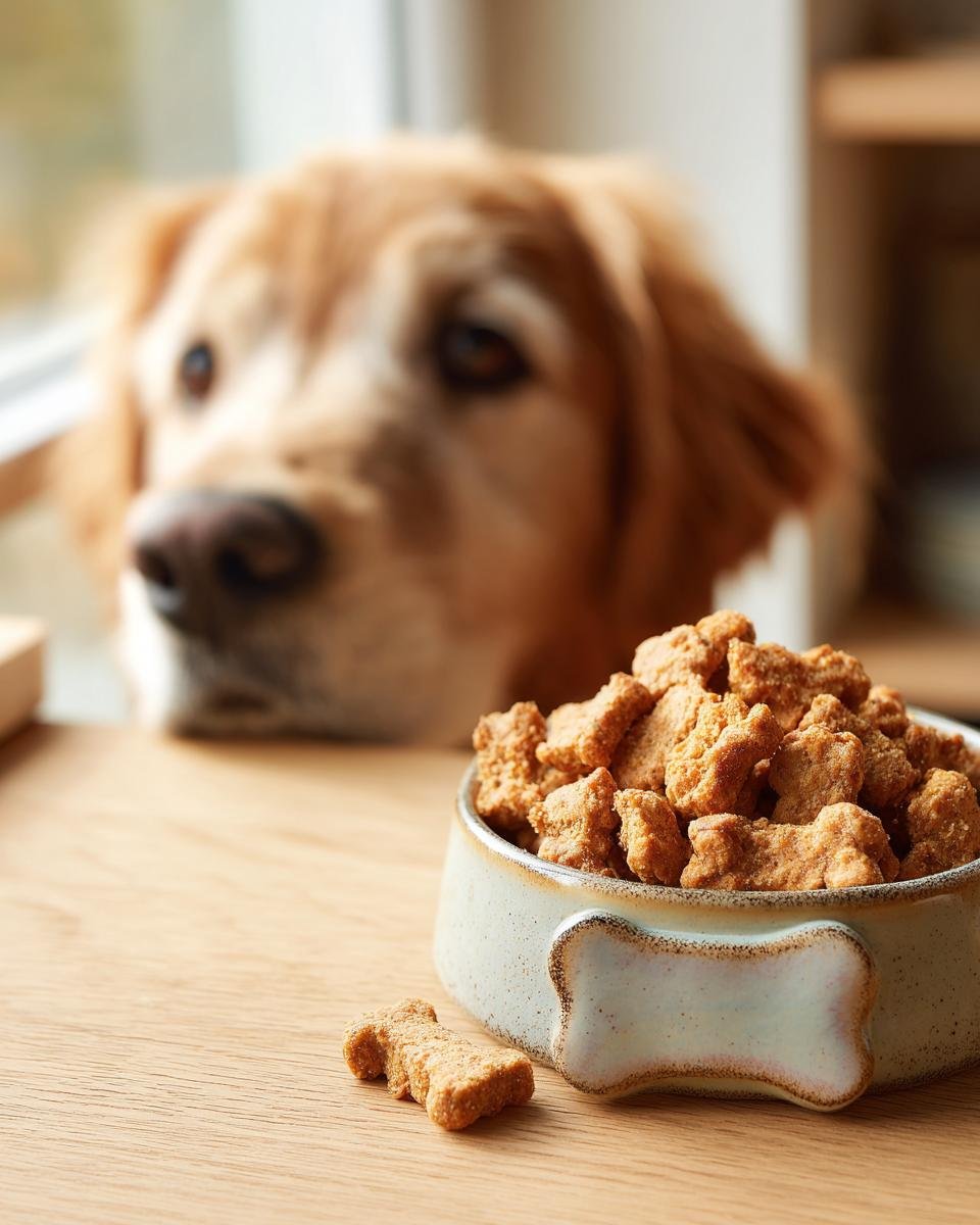 A bowl overflowing with Homemade Turkey and Carrot Dry Bake Protein Kibble, with a curious Golden Retriever looking on.