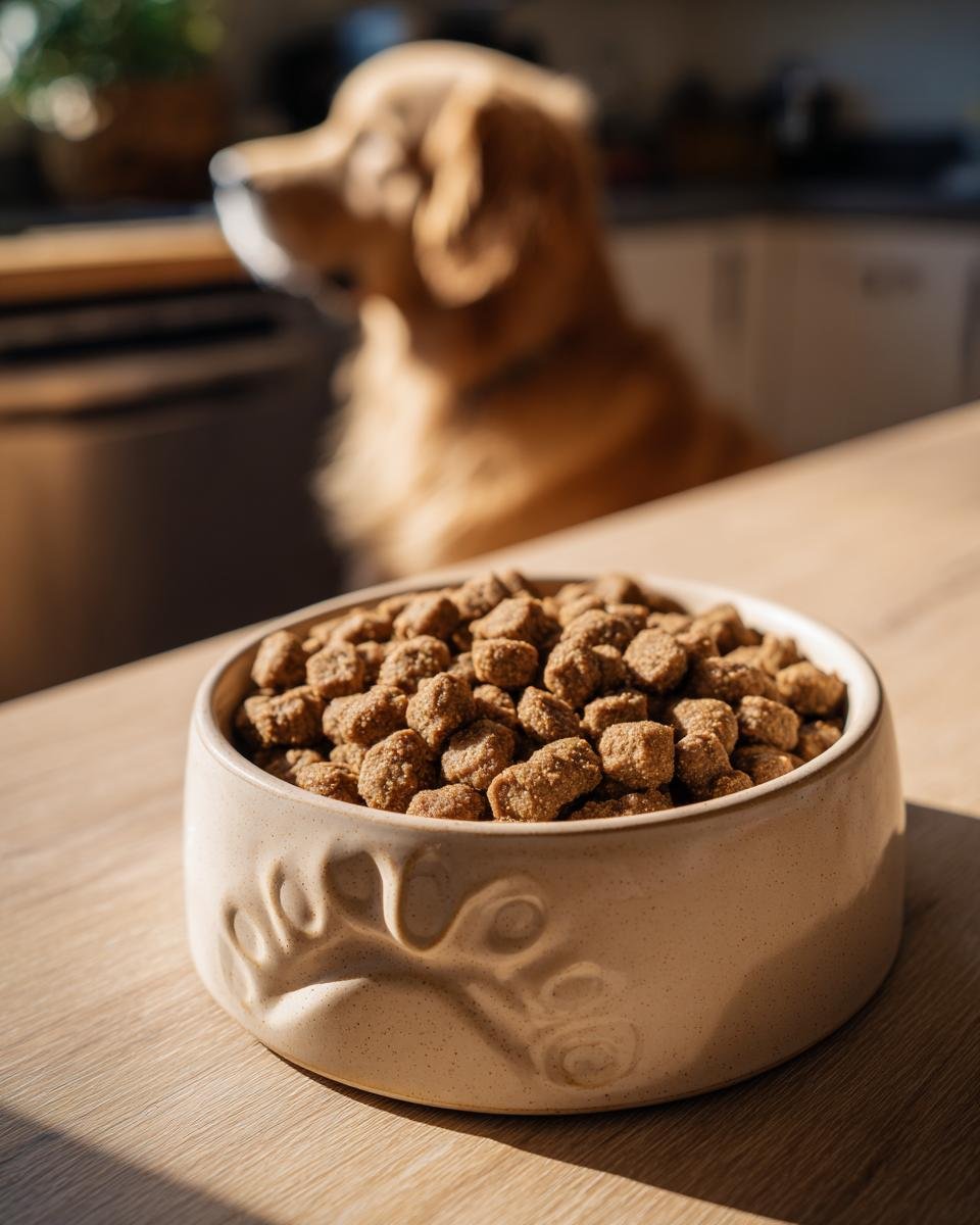 A ceramic bowl filled with Homemade Turkey and Chickpea Strong Muscle Kibbles, with a golden retriever waiting in the background.