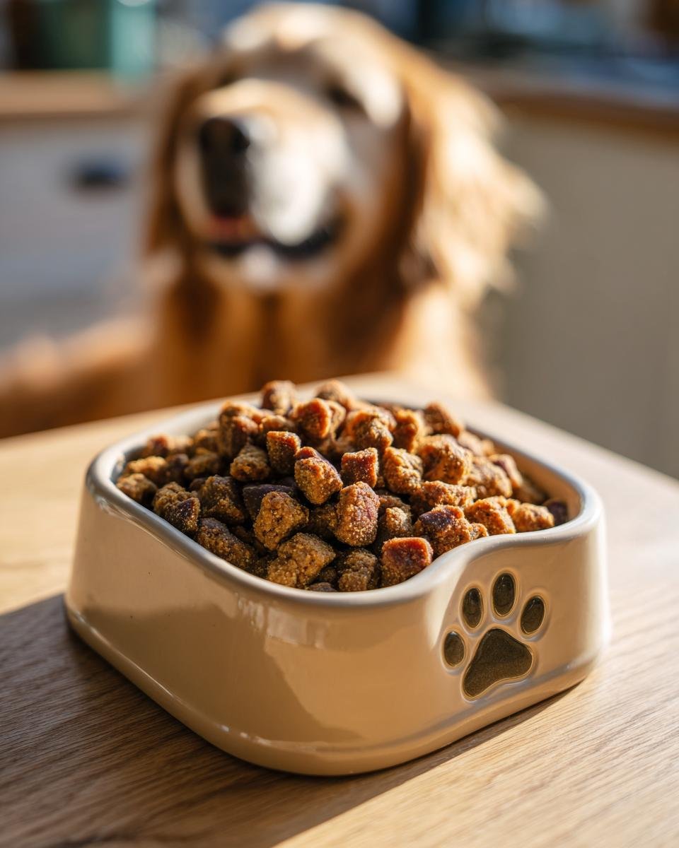 A bowl filled with Homemade Turkey and Chickpea Strong Muscle Kibbles, with a happy Golden Retriever waiting in the background.