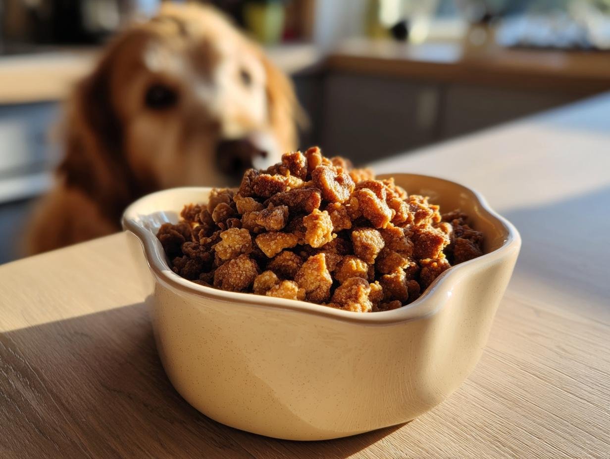 A bowl filled with Homemade Turkey and Chickpea Strong Muscle Kibbles, with a dog waiting in the background.