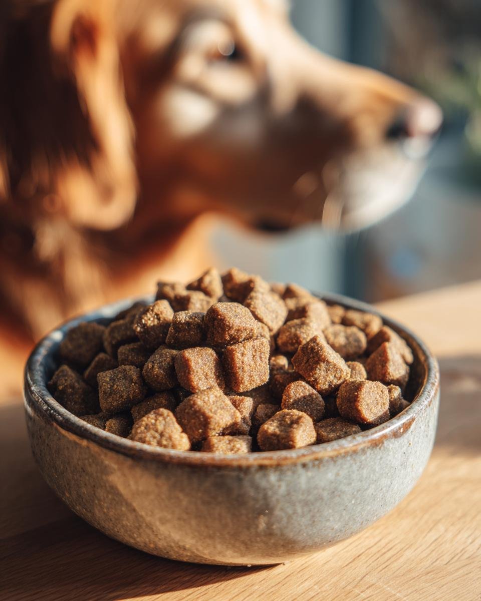 A close-up of a ceramic bowl filled with Homemade Turkey and Kale Clean Energy Kibble, with a dog waiting in the background.