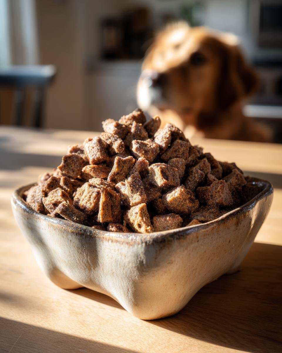 A bowl overflowing with Homemade Turkey and Kale Clean Energy Kibble Mix, with a dog looking eagerly in the background.
