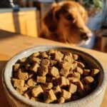 Close-up of Homemade Turkey and Kale Clean Energy Kibble Mix in a bowl, with a golden retriever looking eagerly in the background.