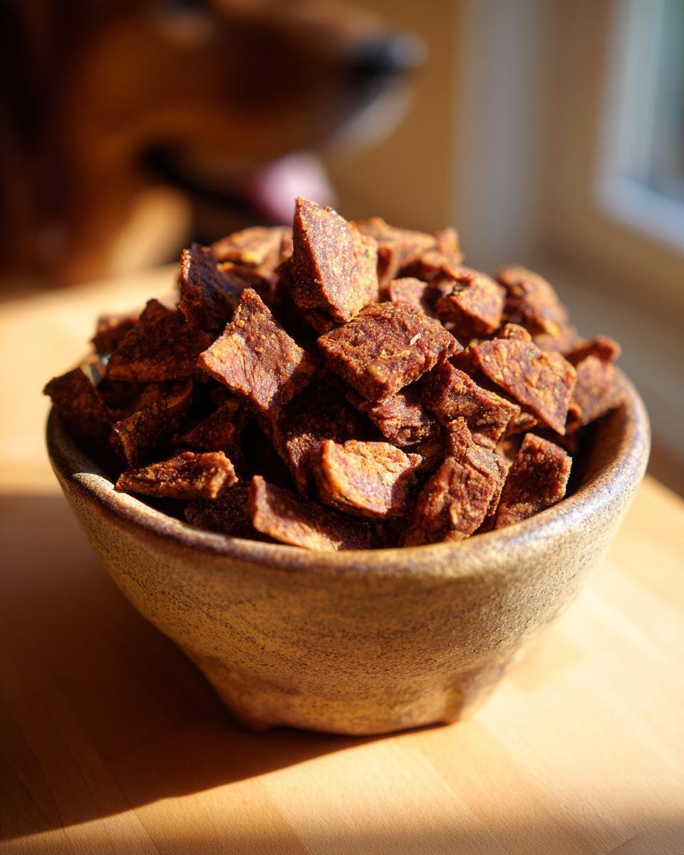 A close-up of a rustic bowl filled with Homemade Turkey and Kale Clean Energy Kibble Mix, with a dog visible in the blurred background.