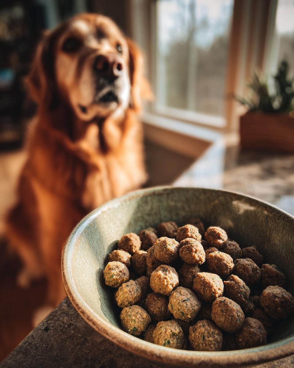 A close-up of a bowl filled with Homemade Turkey and Millet Hypoallergenic Kibbles, with a golden retriever waiting patiently in the background.