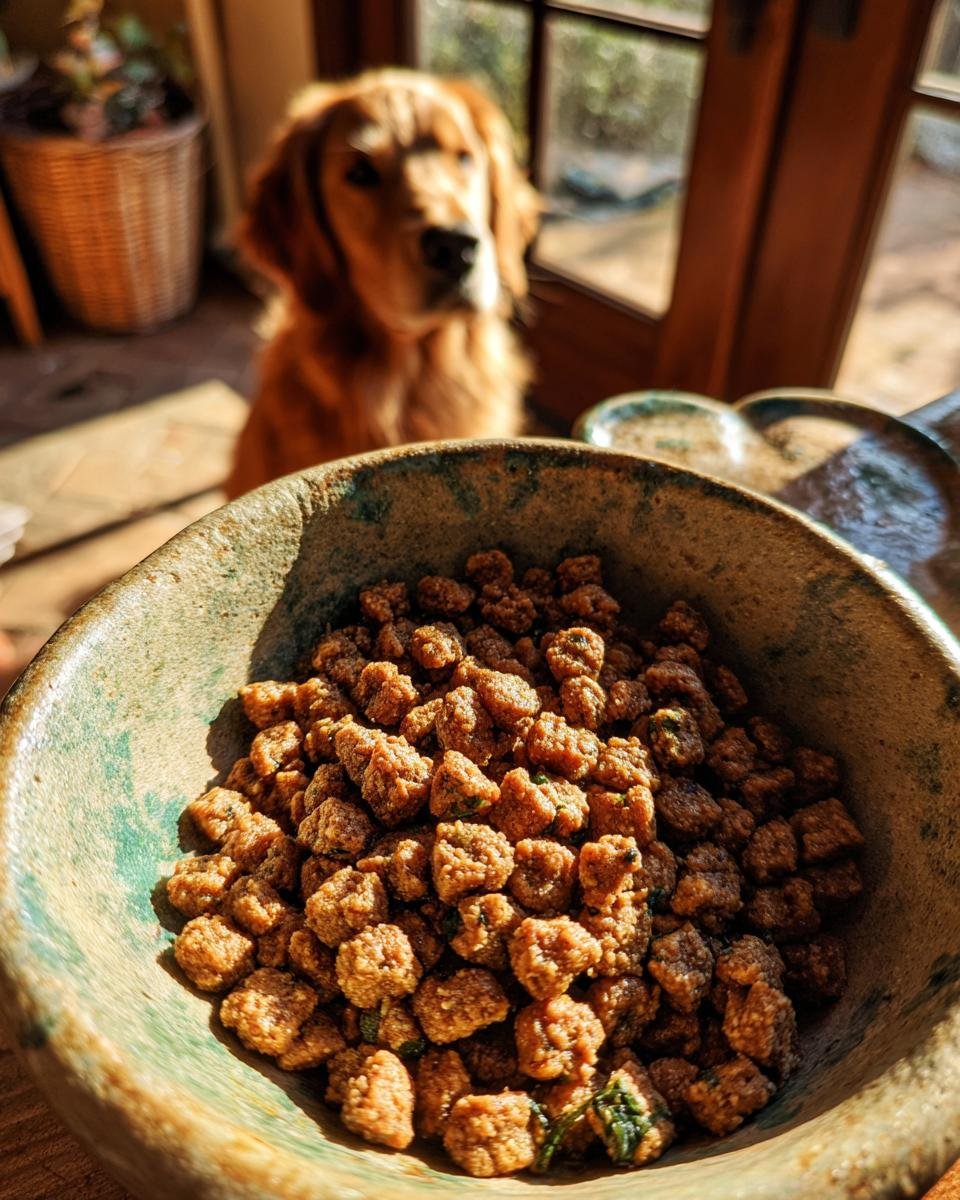 Close-up of Homemade Turkey and Millet Hypoallergenic Kibbles in a rustic bowl, with a golden retriever waiting in the background.
