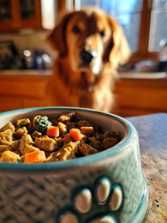 Close-up of Homemade Turkey and Oatmeal Daily Nutrition Kibble in a blue bowl with a dog waiting in the background.