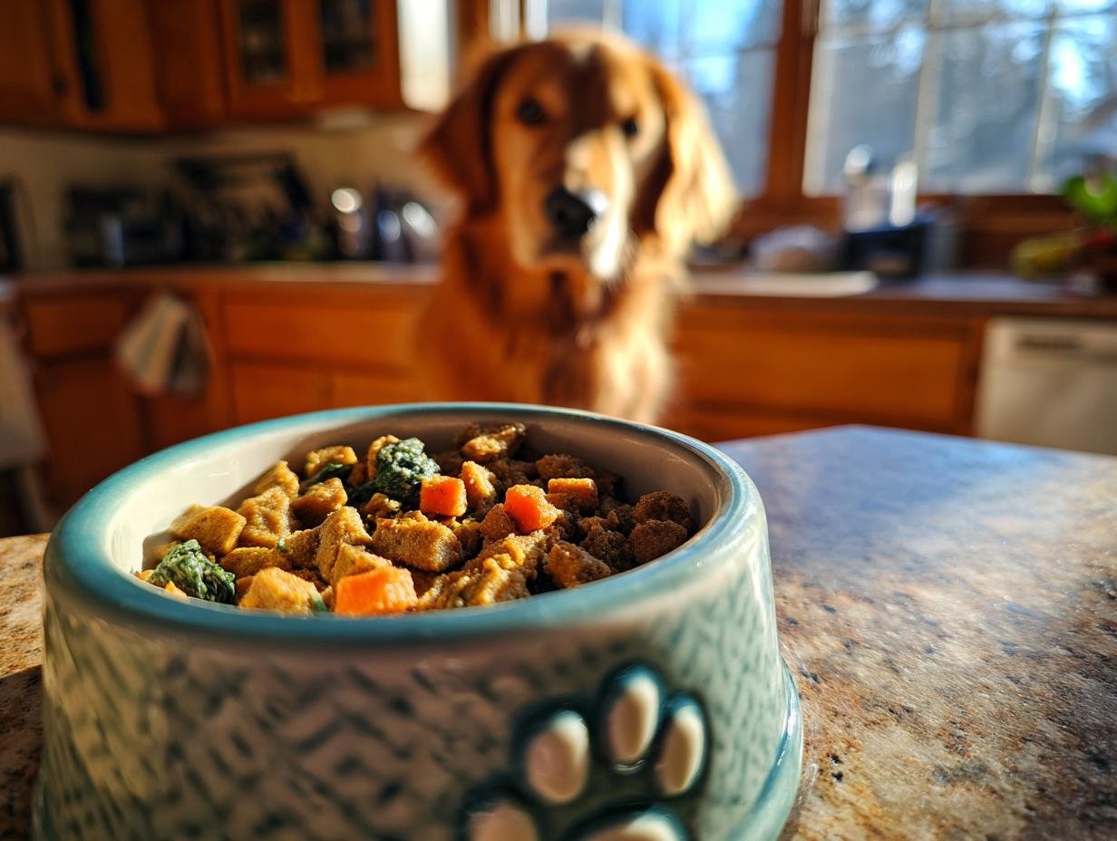 Close-up of Homemade Turkey and Oatmeal Daily Nutrition Kibble in a blue bowl with a dog waiting in the background.
