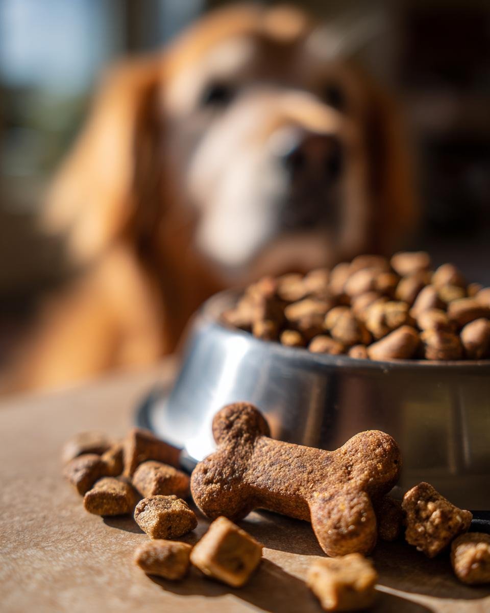 A bone-shaped piece of Homemade Turkey and Pumpkin Soft Crunch Kibbles next to regular kibbles in a bowl, with a dog waiting in the background.