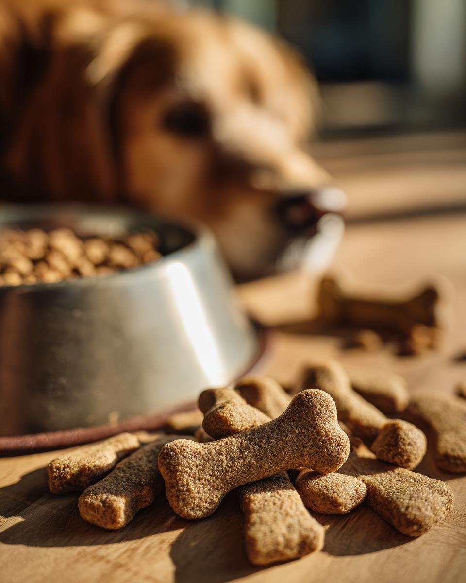 Close-up of bone-shaped Homemade Turkey and Pumpkin Soft Crunch Kibbles next to a dog food bowl with a dog in the background.