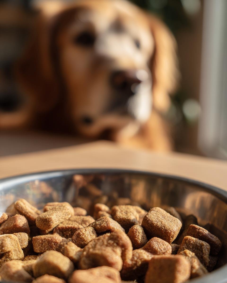 Close-up of Homemade Turkey and Pumpkin Soft Crunch Kibbles in a metal bowl with a golden retriever waiting in the background.