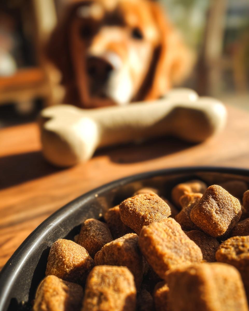 Close-up of Homemade Turkey and Pumpkin Soft Crunch Kibbles in a dark bowl, with a dog waiting in the background.