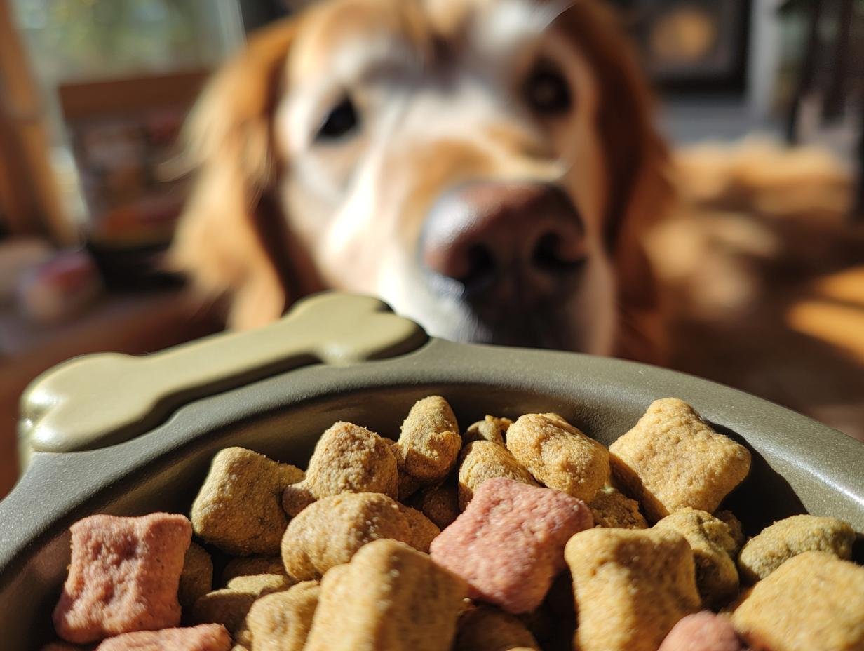 Close-up of Homemade Turkey and Pumpkin Soft Crunch Kibbles in a bowl, with a golden retriever looking eagerly in the background.