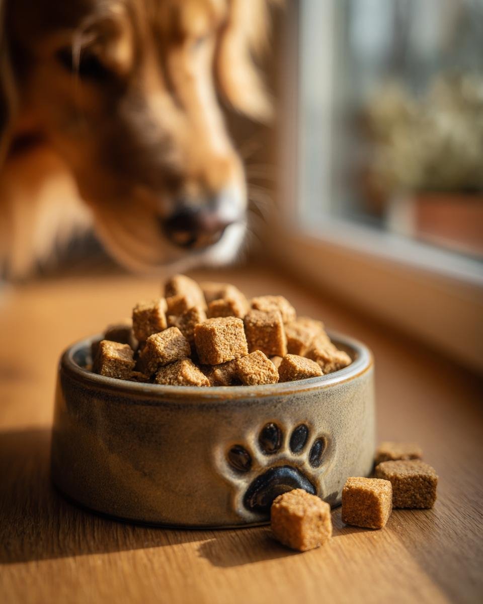 A dog eagerly looks at a ceramic bowl filled with Homemade Turkey and Spinach Lean Muscle Kibble.