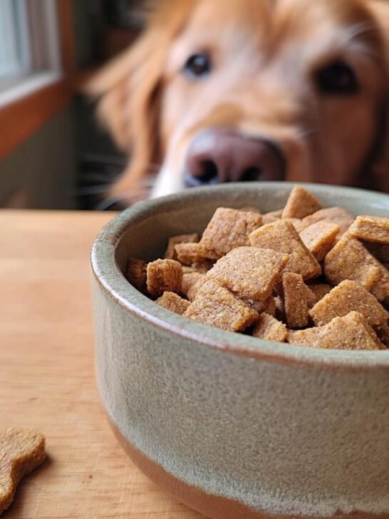 A bowl filled with Homemade Turkey and Spinach Lean Muscle Kibble, with a curious dog looking over the edge.
