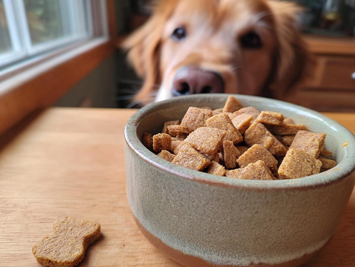 A bowl filled with Homemade Turkey and Spinach Lean Muscle Kibble, with a curious dog looking over the edge.
