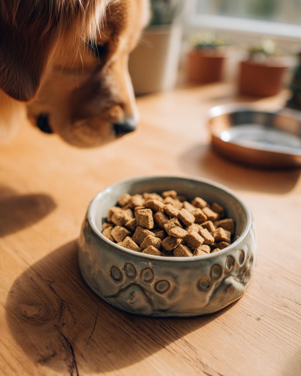 A golden retriever approaches a ceramic bowl filled with Homemade Turkey and Spinach Lean Muscle Kibble.
