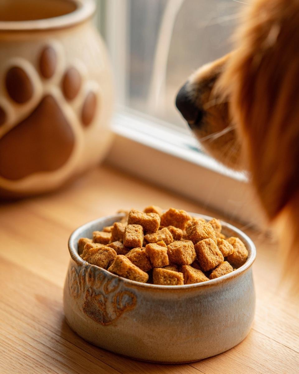 A dog's nose approaches a bowl filled with Homemade Turkey and Spinach Lean Muscle Kibble.