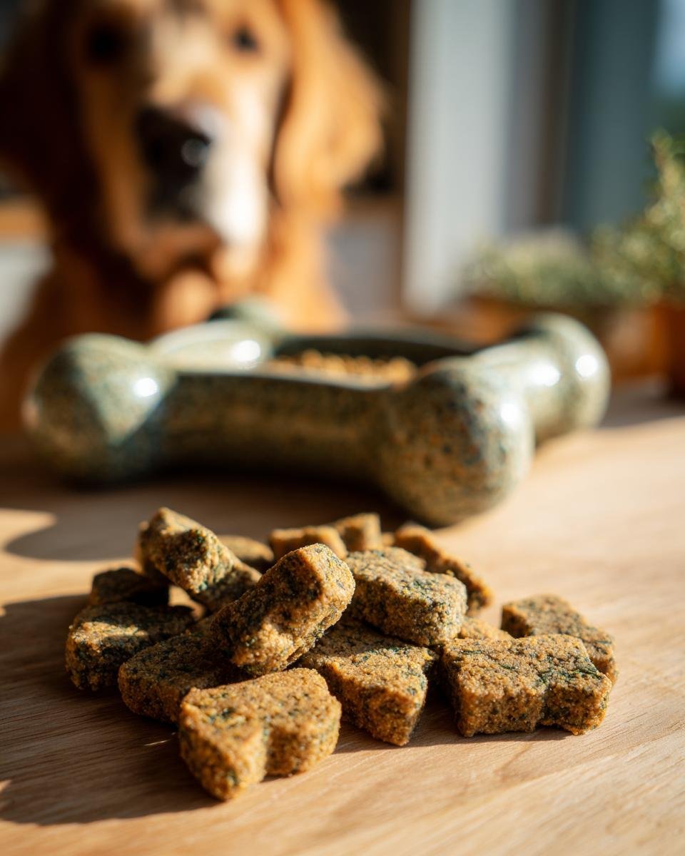 Pile of Homemade Turkey and Spinach Slow Baked Kibble on a wooden surface with a dog waiting in the background.