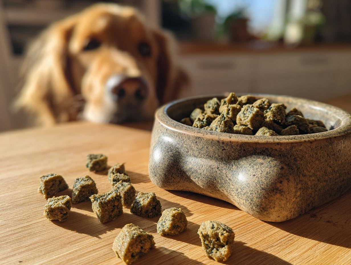 A bowl filled with Homemade Turkey and Spinach Slow Baked Kibble, with a golden retriever looking on in the background.