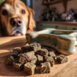 Pile of Homemade Turkey and Spinach Slow Baked Kibble with a golden retriever looking on.