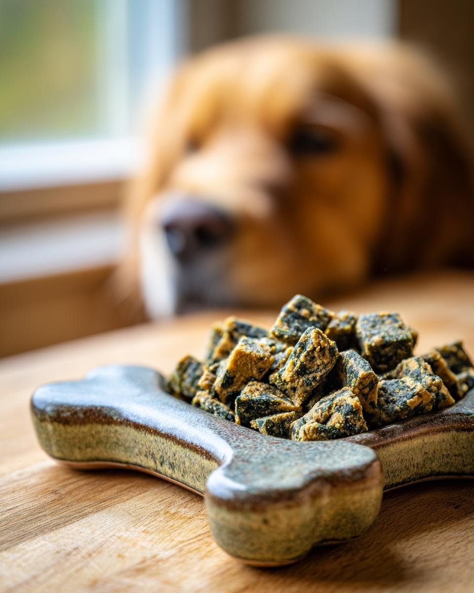 Close-up of Homemade Turkey and Spinach Slow Baked Kibble pieces in a ceramic bone-shaped dish, with a dog waiting in the background.