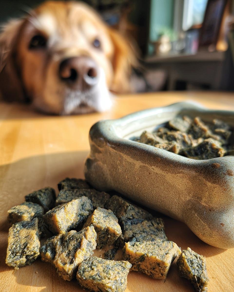 Close-up of Homemade Turkey and Spinach Slow Baked Kibble next to a bone-shaped bowl, with a hopeful dog in the background.