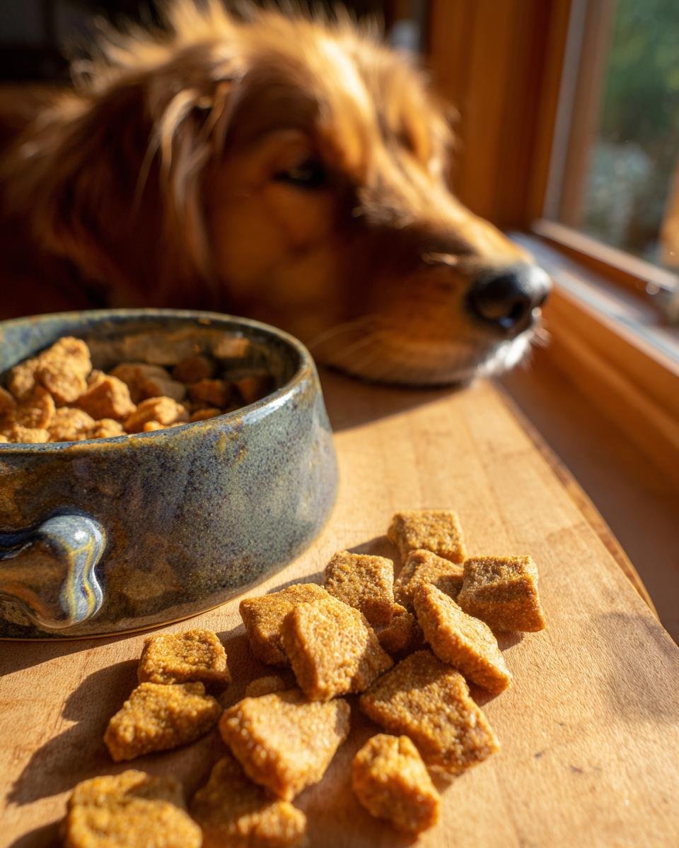 Close-up of Homemade Turkey and Sweet Pea Lean Crunch Kibble next to a ceramic bowl, with a golden retriever watching in the background.